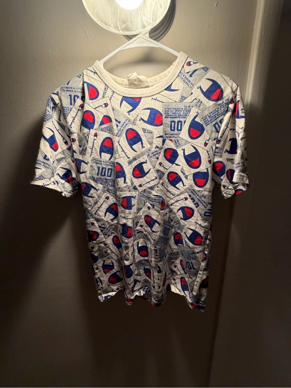 Champion Allover 100- White Graphic Logo Tee - Red & Blue Print - Picture 1 of 2